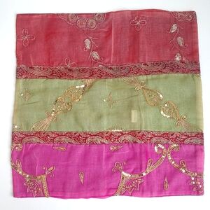 Antique Vintage Batik Sheer Pink Red Green Gold Sequins Embroidered Pillow Sham